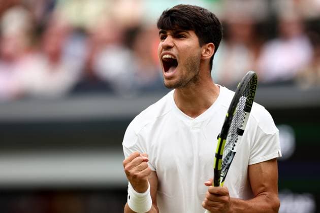5th July 2024; All England Lawn Tennis and Croquet Club, London, England; Wimbledon Tennis Tournament, Day 5; Carlos Alcaraz (ESP) celebrates winning the second set during his third round match against Frances Tiafoe (USA)  ActionPlus12664154 ShaunxBrooks
