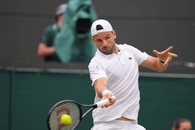 LONDON, ENGLAND - JULY 05: Grigor Dimitrov of Bulgaria plays a forehand against Thiago Monteiro of Brazil in his Gentlemen s Singles third round match during day five of The Championships Wimbledon 2024 at All England Lawn Tennis and Croquet Club on July 05, 2024 in London, England.  Copyright: xx