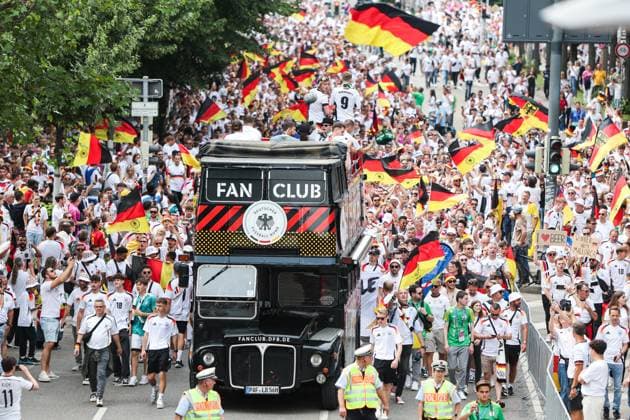 European Championship 2024 Spain Germany on 05 07 2024 in the Stuttgart Arena in Stuttgart Fan March Fan march of the German fans Bus from the national team fan club MH