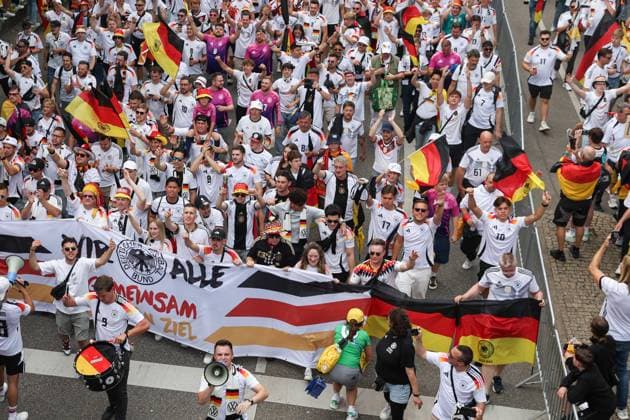 European Championship 2024 Spain Germany on 05 07 2024 in the Stuttgart Arena in Stuttgart Fan March Fan march of the German fans Bus from the national team fan club MH