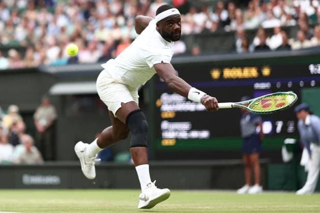5th July 2024; All England Lawn Tennis and Croquet Club, London, England; Wimbledon Tennis Tournament, Day 5; Frances Tiafoe (USA) in action during his third round match against Carlos Alcaraz (ESP)  ActionPlus12664156 ShaunxBrooks