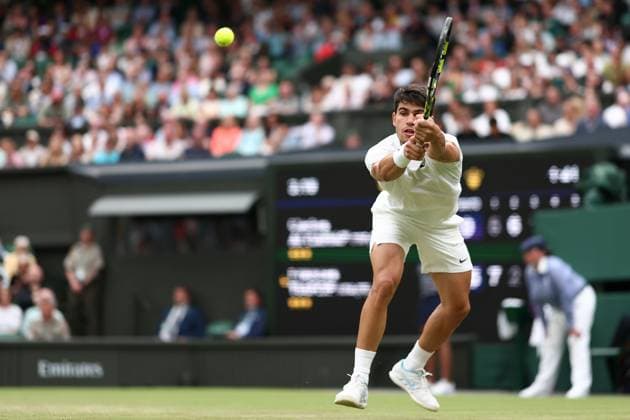 5th July 2024; All England Lawn Tennis and Croquet Club, London, England; Wimbledon Tennis Tournament, Day 5; Carlos Alcaraz (ESP) in action during his third round match against Frances Tiafoe (USA)  ActionPlus12664164 ShaunxBrooks
