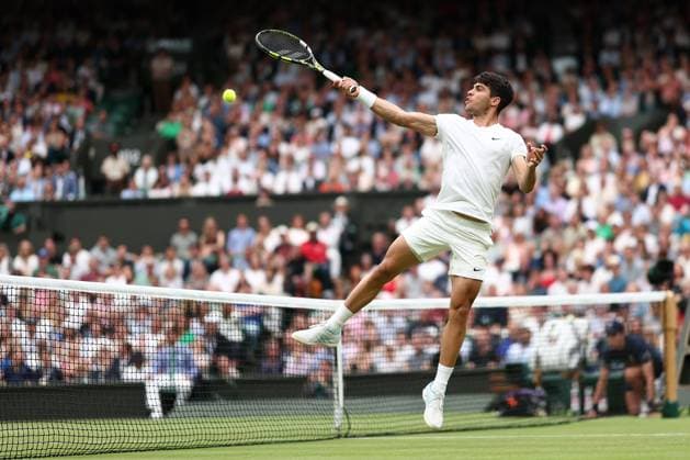 5th July 2024; All England Lawn Tennis and Croquet Club, London, England; Wimbledon Tennis Tournament, Day 5; Carlos Alcaraz (ESP) in action during his third round match against Frances Tiafoe (USA)  ActionPlus12664166 ShaunxBrooks