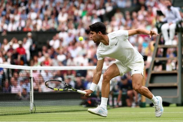 5th July 2024; All England Lawn Tennis and Croquet Club, London, England; Wimbledon Tennis Tournament, Day 5; Carlos Alcaraz (ESP) in action during his third round match against Frances Tiafoe (USA)  ActionPlus12664167 ShaunxBrooks