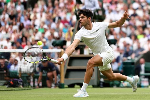 5th July 2024; All England Lawn Tennis and Croquet Club, London, England; Wimbledon Tennis Tournament, Day 5; Carlos Alcaraz (ESP) in action during his third round match against Frances Tiafoe (USA)  ActionPlus12664168 ShaunxBrooks