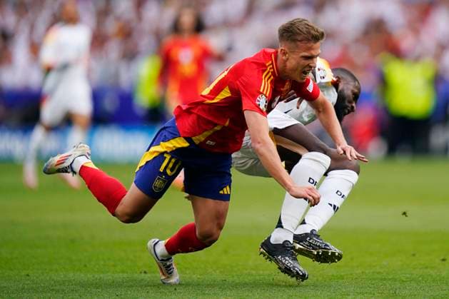 GER: Spain v Germany. UEFA EURO, EM, Europameisterschaft,Fussball 2024 Antonio Rudiger of Germany and Dani Olmo of Spain during the UEFA Euro 2024 match between Spain and Germany. Quarter Finals, played at Stuttgart Arena Stadium on July 5, 2024 in Stuttgart, Germany. kpng Copyright: xSergioxRuizx xPRESSINPHOTOx PS_240705_ESP_GER_019