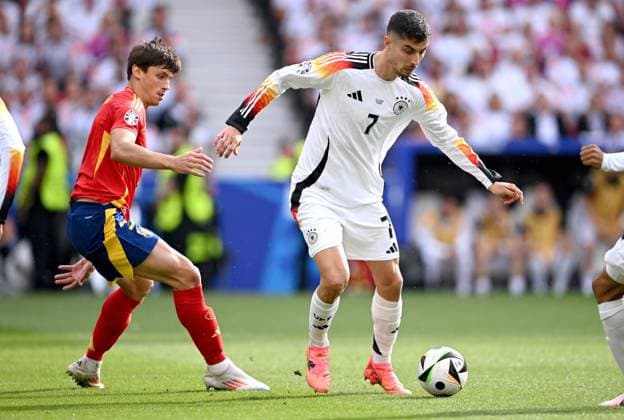 Football Euro 2024 quarter-final 05 07 2024 Spain Germany Robin Le Normand left, Spain v Kai Havertz right, Germany