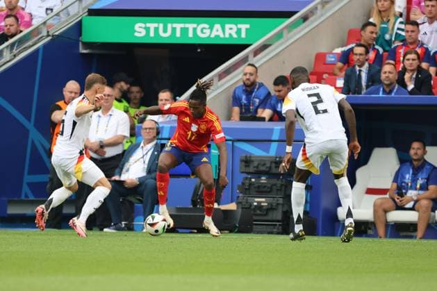 05 07 2024, Football, Men, UEFA European Championship 2024, Quarter Final, Quarter Final, Spain Germany, Joshua Kimmich Germany , Antonio Ruediger Germany , Nico Williams Spain Stuttgart MHP Arena Baden Württemberg Germany DE Copyright: xSebastianxBachx