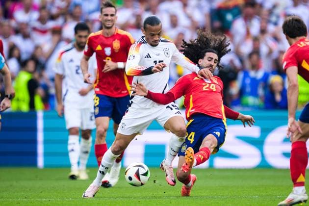240705 Leroy Sane of Germany and Marc Cucurella of Spain during the UEFA Euro 2024 Football Championship quarterfinal between Spain and Germany on July 5, 2024 in Stuttgart Photo Mathias Bergeld BILDBYRAN code MB MB0942 fotboll football soccer fotballs em europamästerskap em uefa euro uefa european football championship euro 2024 kvartfinal quarterfinal quarterfinals spanien spain deutschland germany bbeng bbauto  Copyright: MATHIASxBERGELD BB240705MB045