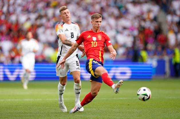 GER: Spain v Germany. UEFA EURO, EM, Europameisterschaft,Fussball 2024 Dani Olmo of Spain and Toni Kroos of Germany during the UEFA Euro 2024 match between Spain and Germany. Quarter Finals, played at Stuttgart Arena Stadium on July 5, 2024 in Stuttgart, Germany. kpng Copyright: xSergioxRuizx xPRESSINPHOTOx PS_240705_ESP_GER_031
