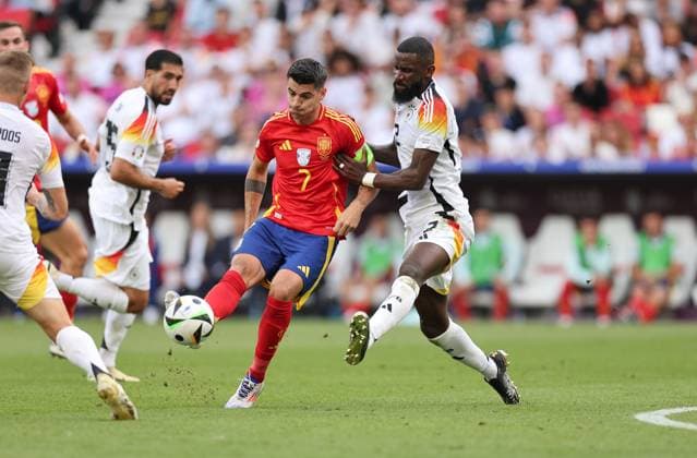 05 07 2024, European Football Championship, UEFA EURO 2024, Spain Germany, quarter-final, Stuttgart Arena, f l , Alvaro Borja Morata Martin Spain , Antonio Rüdiger Germany Copyright: HMBxMedia