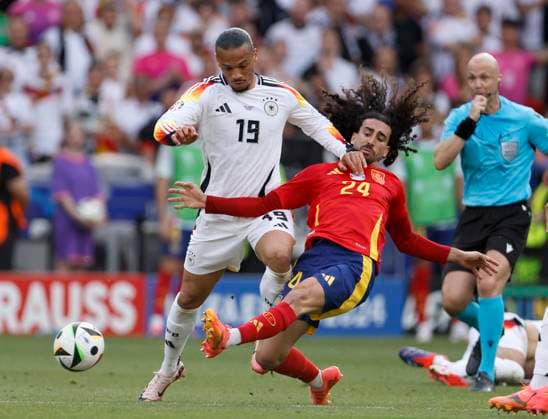 Spain v Germany: Quarter-Final - UEFA EURO, EM, Europameisterschaft,Fussball 2024 Leroy Sane of Germany and Marc Cucurella of Spain challenge during the UEFA EURO 2024 quarter-final match between Spain and Germany at Stuttgart Arena on July 5, 2024 in Stuttgart, Germany. Stuttgart Stuttgart Arena Germany Germany Copyright: xRichardxSellers Sportsphoto APLx 14044153