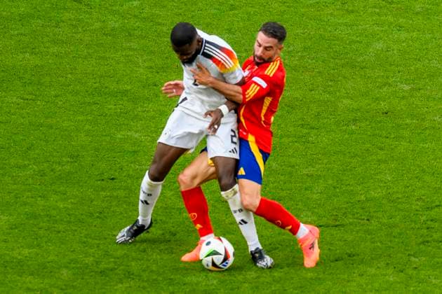 GER, UEFA Euro 2024, quarter-final, Spain ESP vs Germany GER 05 07 2024, MHP Arena, Stuttgart, GER, UEFA Euro 2024, quarter-final, Spain ESP vs Germany GER , pictured Antonio Rüdiger Ruediger Germany 2 in a duel against Carvajal Daniel Spain 2 nordphotoxGmbHx xStraubmeier nph00004