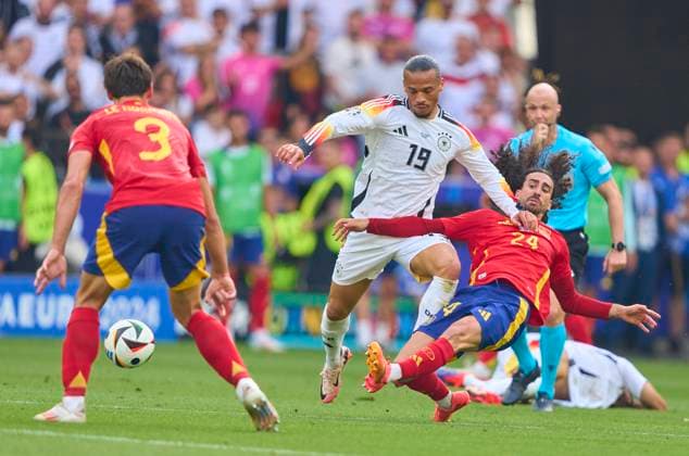 Leroy SANE, DFB 19 compete for the ball, tackling, duel, header, zweikampf, action, fight against Marc Cucurella, ESP 24 in the quarter final match GERMANY - SPAIN of the UEFA European Championships 2024 on Jul 5, 2024 in Stuttgart, Germany.