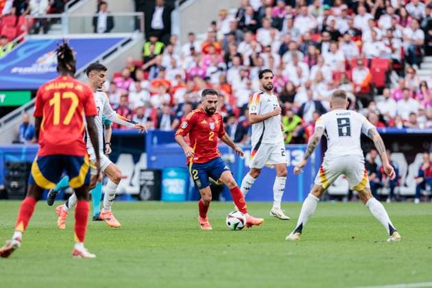 UEFA EURO 2024 Spain Germany 05 07 2024 Daniel Carvajal Spain, 2 , Toni Kroos Germany, 8 , Emre Can Germany, 25 , Kai Havertz Germany, 7 , Nico Williams Spain, 17 UEFA EURO 2024 Spain Germany Stuttgart Arena, Stuttgart on 05 07 2024 Copyright: xBEAUTIFULxSPORTS Wunderlx
