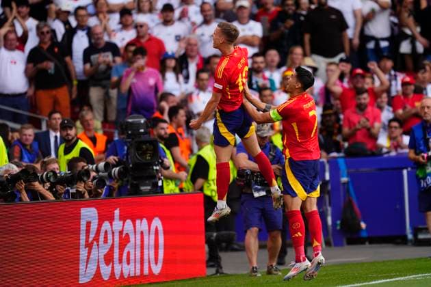 Spain v Germany: Quarter-Final - UEFA EURO, EM, Europameisterschaft,Fussball 2024 Dani Olmo attacking midfield of Spain and RB Leipzig celebrates after scoring his sides first goal during the UEFA EURO 2024 quarter-final match between Spain and Germany at Stuttgart Arena on July 5, 2024 in Stuttgart, Germany. Stuttgart Germany  Copyright: xJosexBretonx originalFilename:bretonhernandez-spainvge240705_npKly.jpg