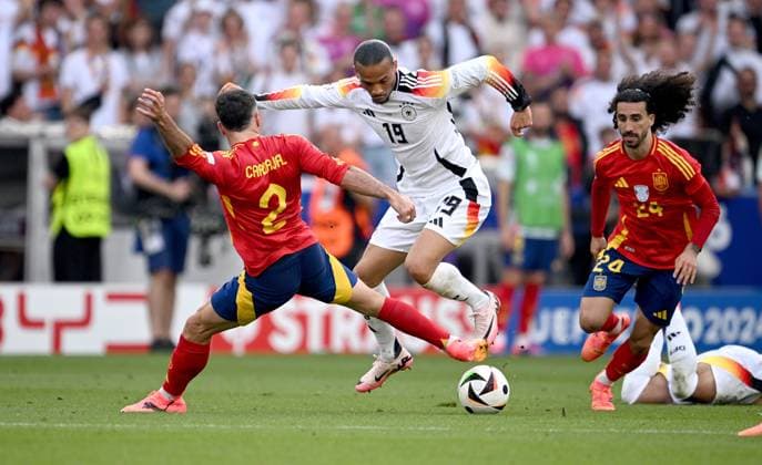 Football Euro 2024 quarter-finals 05 07 2024 Spain Germany Dani Carvajal left, Spain vs Leroy Sane center, Germany vs Marc Cucurella right, Spain