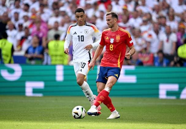 Football Euro 2024 quarter-final 05 07 2024 Spain Germany Jamal Musiala left, Germany v Fabian Ruiz right, Spain