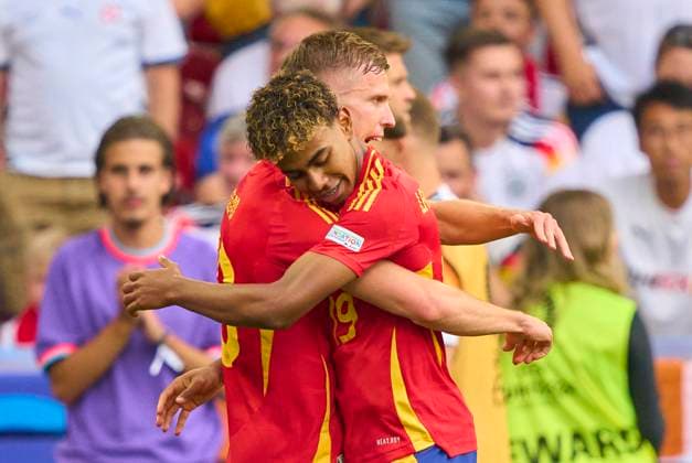Dani Olmo, ESP 10 celebrates his goal, happy, laugh, celebration, 0-1 with Lamine Yamal, ESP 19 in the quarter final match GERMANY - SPAIN of the UEFA European Championships 2024 on Jul 5, 2024 in Stuttgart, Germany.
