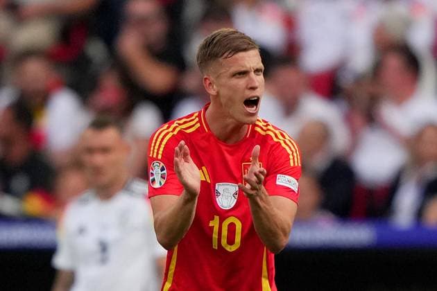Spain s Dani Olmo celebrates after scoring 1-0 during the Euro 2024 soccer match between Spain and Germany at the Stuttgart Arena , Stuttgart , Germany - Friday 05 july 2024. - Soccer .  Copyright: xSpada LaPressex