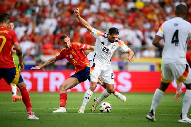 v l FABIAN Ruiz ESP ,Emre CAN GER action, duel, quarterfinal, match M45, Spain ESP Germany GER , on 05 07 2024 in Stuttgart Germany European Football Championship 2024 from 14 06 14 07 2024 in Germany Â
