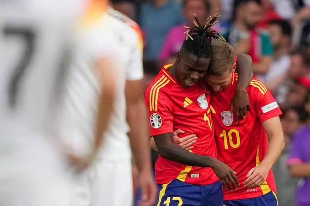 Spain s Dani Olmo celebrates after scoring 1-0 during the Euro 2024 soccer match between Spain and Germany at the Stuttgart Arena , Stuttgart , Germany - Friday 05 july 2024. - Soccer .  Copyright: xSpada LaPressex