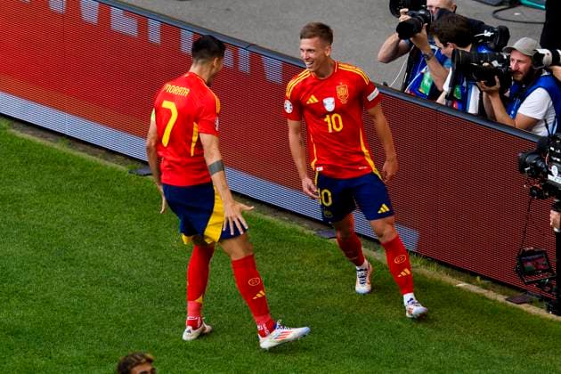 GER, UEFA Euro 2024, quarter-final, Spain ESP vs Germany GER 05 07 2024, MHP Arena, Stuttgart, GER, UEFA Euro 2024, quarter-final, Spain ESP vs Germany GER , pictured celebrating after the 1-0 goal by Dani Olmo Spain 10 with Morata Alvaro Spain 7 nordphotoxGmbHx xStraubmeier nph00004