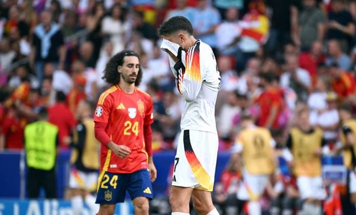 Football, European Championship, EURO 2024, Quarter-finals, MHP Arena Stuttgart Spain Germany Kai Havertz GER disappointed after Dani Olmo SPAs 1-0 goal Disappointment, frustration, action
