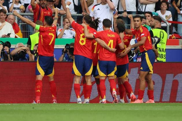 05 07 2024, Football, Men, UEFA European Championship 2024, Quarter Final, Quarter Final, Spain Germany, Goal celebration to 1 0, Scorer Dani Olmo Spain Stuttgart MHP Arena Baden Württemberg Germany DE Copyright: xSebastianxBachx