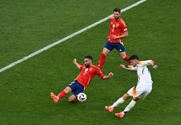 05 07 2024, xjhx, European Football Championship 2024 1 4 Final, Germany Spain emspor, v l Daniel Carvajal Ramos Spain , Kai Havertz German National Football Team DFB , Jose Ignacio Fernandez Iglesias Nacho Spain DFL DFB REGULATIONS PROHIBIT ANY USE OF PHOTOGRAPHS as IMAGE SEQUENCES and or QUASI VIDEO Stuttgart