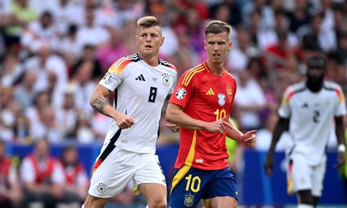 Football Euro 2024 quarter final 05 07 2024 Spain Germany Toni Kroos left, Germany vs Dani Olmo right, Spain