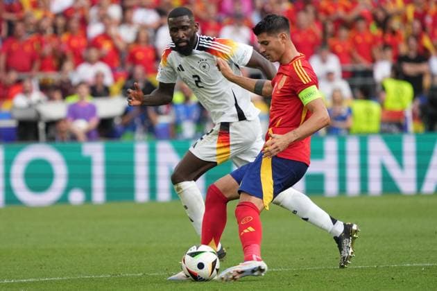 Alvaro Morata Spain Spain, 07 in duel with Antonio Rüdiger Germany Germany, 02 Stuttgart 05 07 2024 Germany vs Spain, EURO2024, Quarterfinals, M45, EM Arena Stuttgart