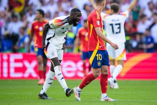 240705 Antonio Ruediger of Germany reacts during the UEFA Euro 2024 Football Championship quarterfinal between Spain and Germany on July 5, 2024 in Stuttgart Photo Mathias Bergeld BILDBYRAN code MB MB0942 fotboll football soccer fotballs em europamästerskap em uefa euro uefa european football championship euro 2024 kvartsfinal quarterfinal quarterfinals spanien spain deutschland germany bbeng bbauto  Copyright: MATHIASxBERGELD BB240705MB063