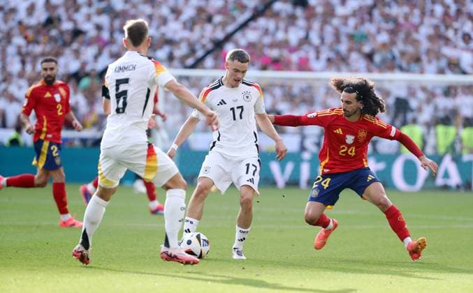 Joshua Kimmich, Florian Wirtz, Marc Cucurella duel match scene Action Sport Football Soccer European Championship Euro 2024 European Championship Quarterfinals Men Season 2023 2024 05 07 2024 Spain ESP vs Germany GER in Stuttgart DFL regulations prohibit any use of photographs as image sequences and or quasi video