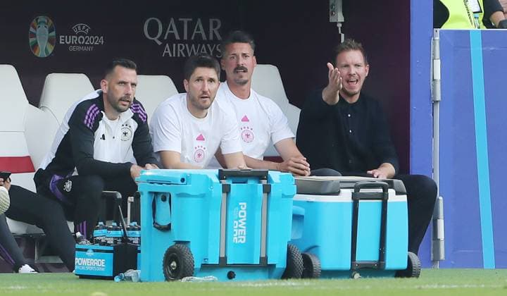 Co-coach Benjamin Glück, co-coach Sandro Wagner, coach Julian Nagelsmann pointing, gesticulating Sports Football Soccer European Championship Euro 2024 European Championship Quarterfinals Men Season 2023 2024 05 07 2024 Spain ESP vs Germany GER in Stuttgart DFL regulations prohibit any use of photographs as image sequences and or quasi video