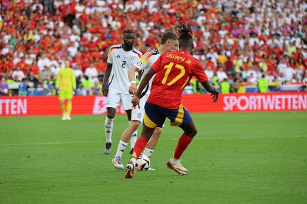 05 07 2024, Football, Men, UEFA European Championship 2024, Quarter Final, Quarter Final, Spain Germany, Antonio Ruediger Germany , Florian Wirtz Germany , Nico Williams Spain Stuttgart MHP Arena Baden Württemberg Germany DE Copyright: xSebastianxBachx