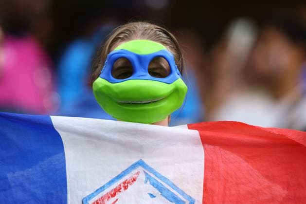 France fan wears a Teenage Mutant Ninja Turtles mask in the stands Portugal v France, UEFA European Championship, EM, Europameisterschaft 2024, Quarter Final, Football, Volksparkstadion, Hamburg, Germany, 05 Jul 2024 EDITORIAL USE ONLY No use with unauthorised audio, video, data, fixture lists, club league logos or live services. Online in-match use limited to 120 images, no video emulation. No use in betting, games or single club league player publications.  Copyright: xKieranxMcManus Shutterstockx 14571382j