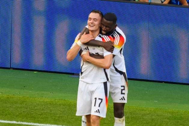 GER, UEFA Euro 2024, quarter-final, Spain ESP vs Germany GER 05 07 2024, MHP Arena, Stuttgart, GER, UEFA Euro 2024, quarter-final, Spain ESP vs Germany GER , pictured celebrating after the goal for 1 1 by Florian Wirtz Germany 17 with Antonio Rüdiger Ruediger Germany 2 nordphotoxGmbHx xStraubmeier nph00004