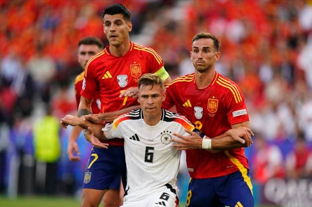 GER: Spain v Germany. UEFA EURO, EM, Europameisterschaft,Fussball 2024 Joshua Kimmich of Germany, Alvaro Morata and Fabian Ruiz of Spain during the UEFA Euro 2024 match between Spain and Germany. Quarter Finals, played at Stuttgart Arena Stadium on July 5, 2024 in Stuttgart, Germany. kpng Copyright: xSergioxRuizx xPRESSINPHOTOx PS_240705_ESP_GER_079