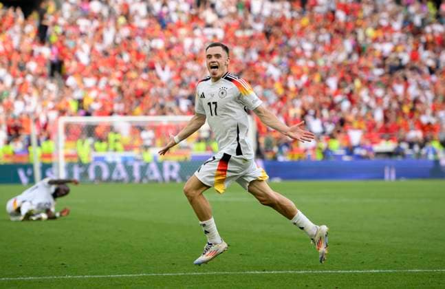 Florian WIRTZ GER cheers after his goal to 1 1, l Dani OLMO ESP disappointed Quarterfinal, Match M45, Spain ESP Germany GER , on 05 07 2024 in Stuttgart Germany European Football Championship 2024 from 14 06 14 07 2024 in Germany Â