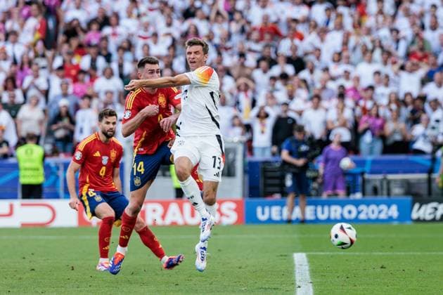 UEFA EURO 2024 Spain Germany 05 07 2024 Thomas Müller Germany, 13 , Aymeric Laporte Spain, 14 , Nacho Fernandez Spain, 4 UEFA EURO 2024 Spain Germany Stuttgart Arena, Stuttgart on 05 07 2024 Copyright: xBEAUTIFULxSPORTS Wunderlx