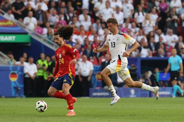 in duel, action, with Marc Cucurella 24 Spain and Thomas Mueller 13 Germany , Spain vs Germany, Football, UEFA Euro 2024, Quarterfinals, 05 07 2024 Stuttgart Baden Wuerttemberg Germany Copyright: xkolbert-press ChristianxKolbertx