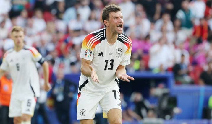 Thomas Müller scolding action upper body Sport Football Soccer European Championship Euro 2024 European Championship Quarterfinals Men Season 2023 2024 05 07 2024 Spain ESP vs Germany GER in Stuttgart DFL regulations prohibit any use of photographs as image sequences and or quasi video