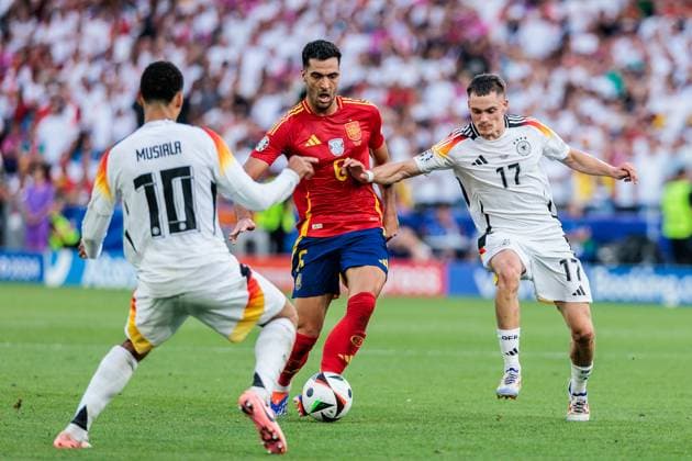 UEFA EURO 2024 Spain Germany 05 07 2024 Mikel Merino Spain, 6 , Jamal Musiala Germany, 10 , Florian Wirtz Germany, 17 UEFA EURO 2024 Spain Germany Stuttgart Arena, Stuttgart on 05 07 2024 Copyright: xBEAUTIFULxSPORTS Wunderlx