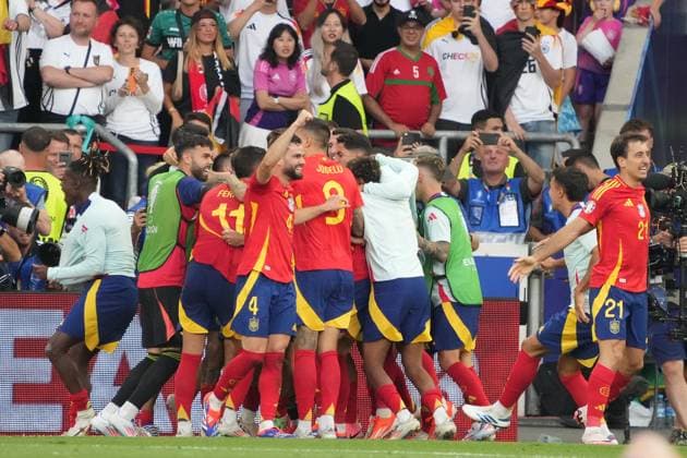 celebrate the goal, goal celebration for 1 2 Mikel Merino Spain Spain, 06 Stuttgart 05 07 2024 Germany vs Spain, EURO2024, Quarterfinals, M45, EM Arena Stuttgart