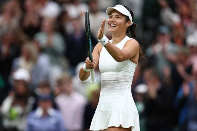 5th July 2024; All England Lawn Tennis and Croquet Club, London, England; Wimbledon Tennis Tournament, Day 5; Emma Raducanu (GBR) celebrates after she wins her third round match against Maria Sakkari (GRE)  ActionPlus12664254 ShaunxBrooks