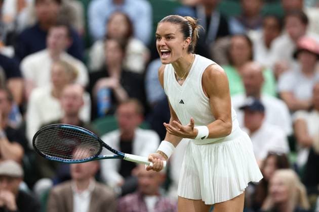 5th July 2024; All England Lawn Tennis and Croquet Club, London, England; Wimbledon Tennis Tournament, Day 5; Maria Sakkari (GRE) shows her frustration during her third round match loss against Emma Raducanu (GBR)  ActionPlus12664266 ShaunxBrooks