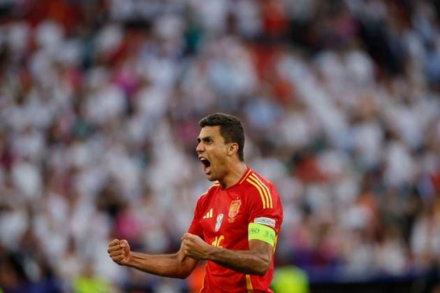 Spain s Rodri jubilates after defeating Germany in their UEFA EURO, EM, Europameisterschaft,Fussball 2024 s quarter-finals game at MHPArena stadium in Stuttgart, Germany, 05 July 2024. Spain vs. Germany !ACHTUNG: NUR REDAKTIONELLE NUTZUNG!  Copyright: xAlbertoxEstevezx GRAF2376 20240705-55014072680_1