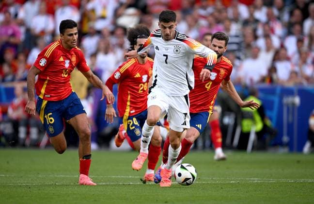 Soccer Euro 2024 quarterfinals 05 07 2024 Spain Germany Rodri left, Spain vs Kai Havertz center, Germany vs Nacho Monreal right, Spain