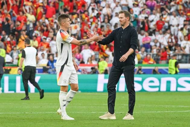 Soccer, men, season 2023 24, Euro EM 2024, quarter-finals in Stuttgart, Spain Germany, f l Toni Kroos Germany and coach Julian Nagelsmann Germany , 05 07 2024, Copyright: xMatthiasxKochx